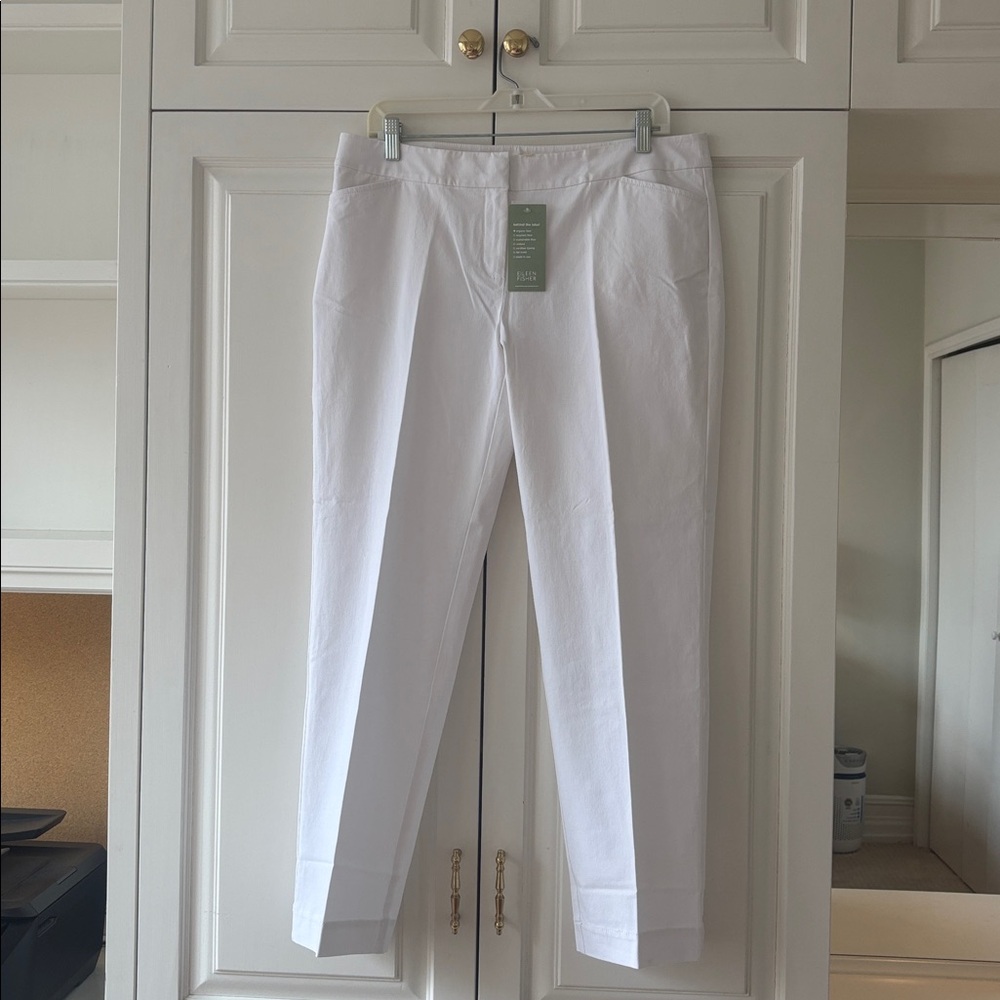 Eileen Fisher Organic Cotton Stretch Twill Straight Trousers in White PL NWT